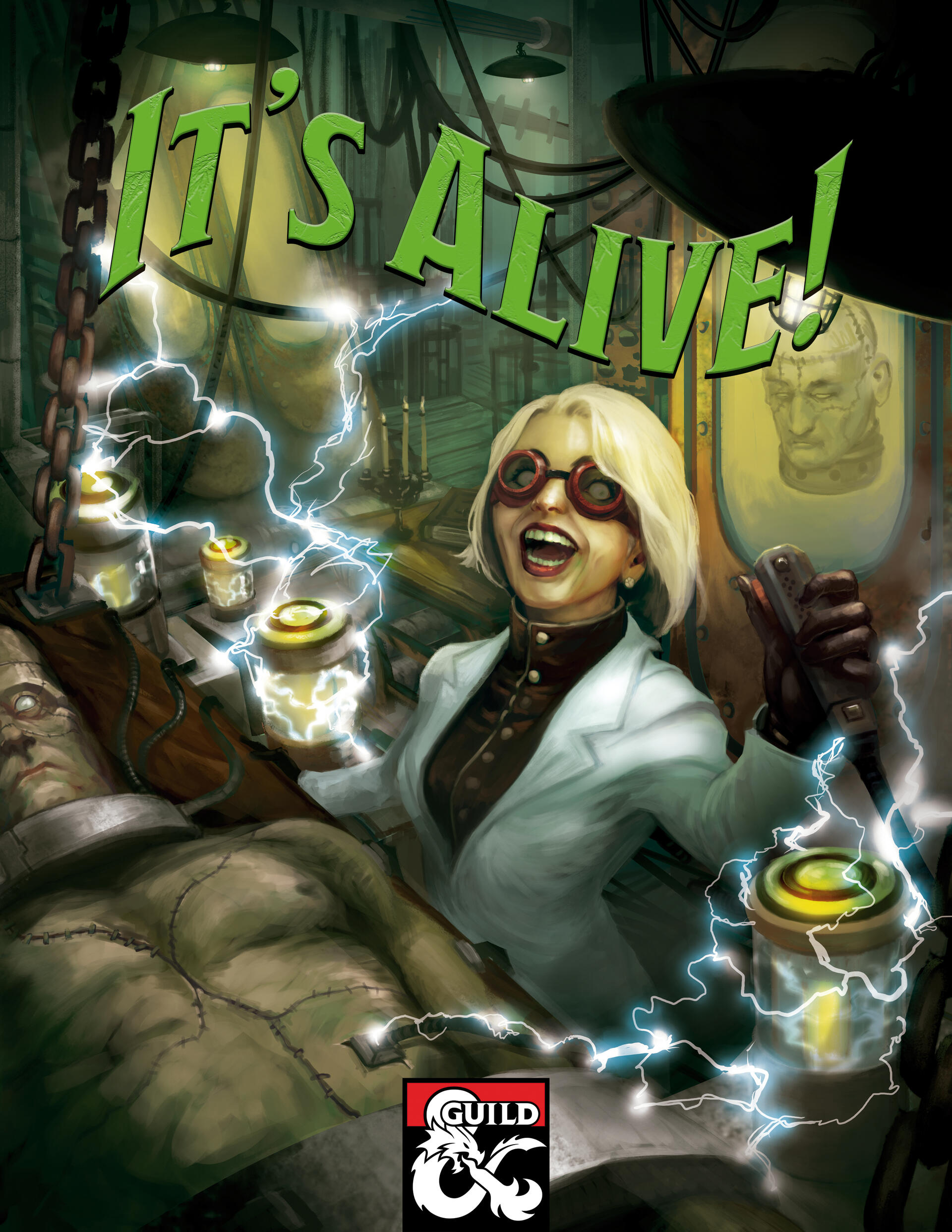 A book cover for "It's Alive!" depicts A woman scientist standing over a stitched humanoid lying still on a slab. She wears a white lab coat and red goggles, and has white-blonde hair and a mad expression.