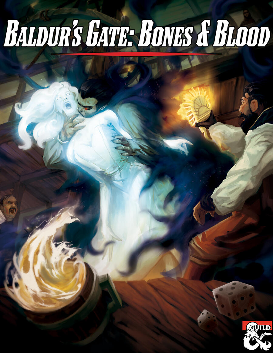A book cover for Baldur's Gate: Bones & Blood. The art features a ghost being attacked by a wraith-like vampire in a tavern. Patrons jump up in shock, knocking over tables, and brandish holy symbols.