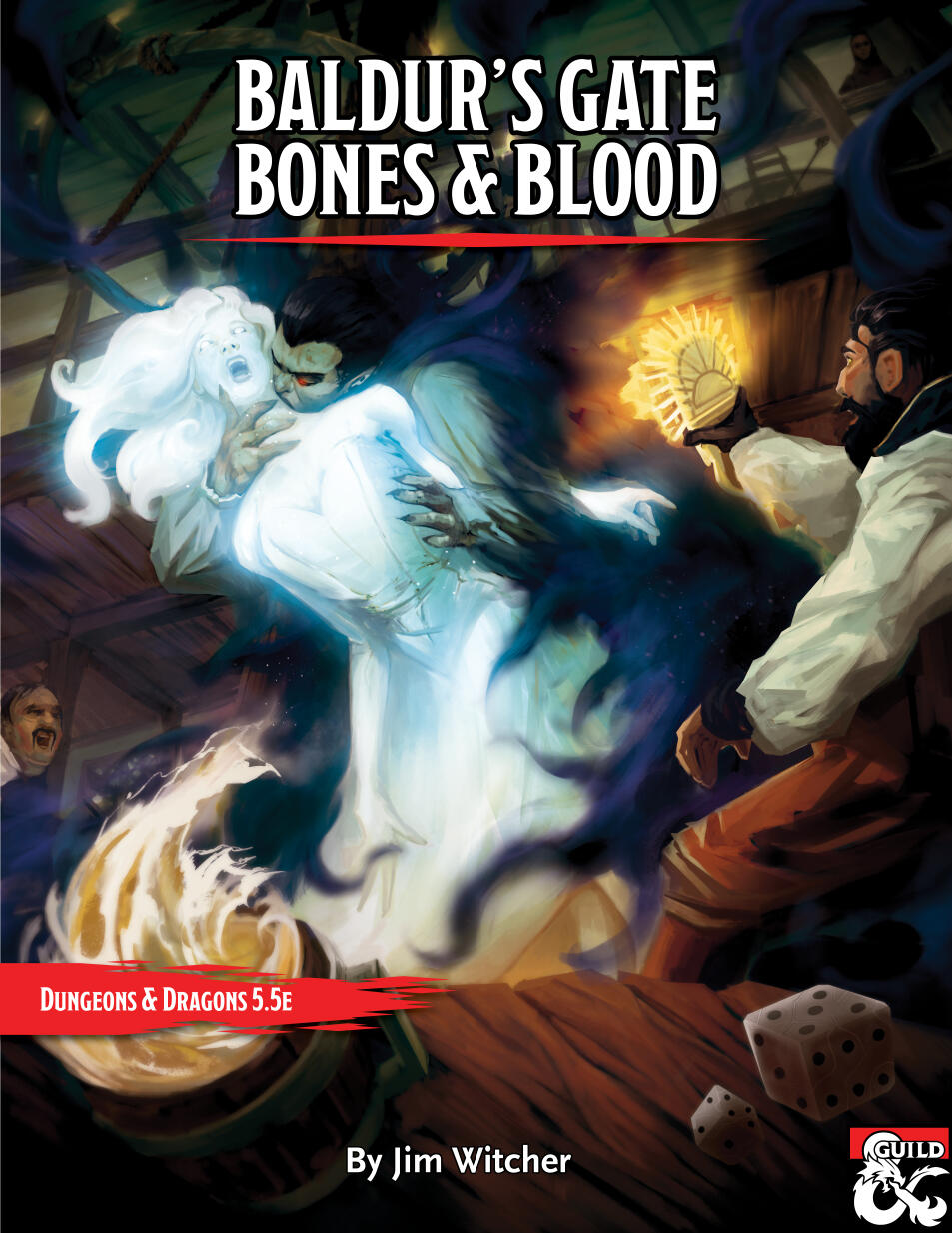 Bones & Blood Cover A book cover for Baldur's Gate: Bones & Blood. The art features a ghost being attacked by a wraith-like vampire in a tavern. Patrons jump up in shock, knocking over tables, and brandish holy symbols.
