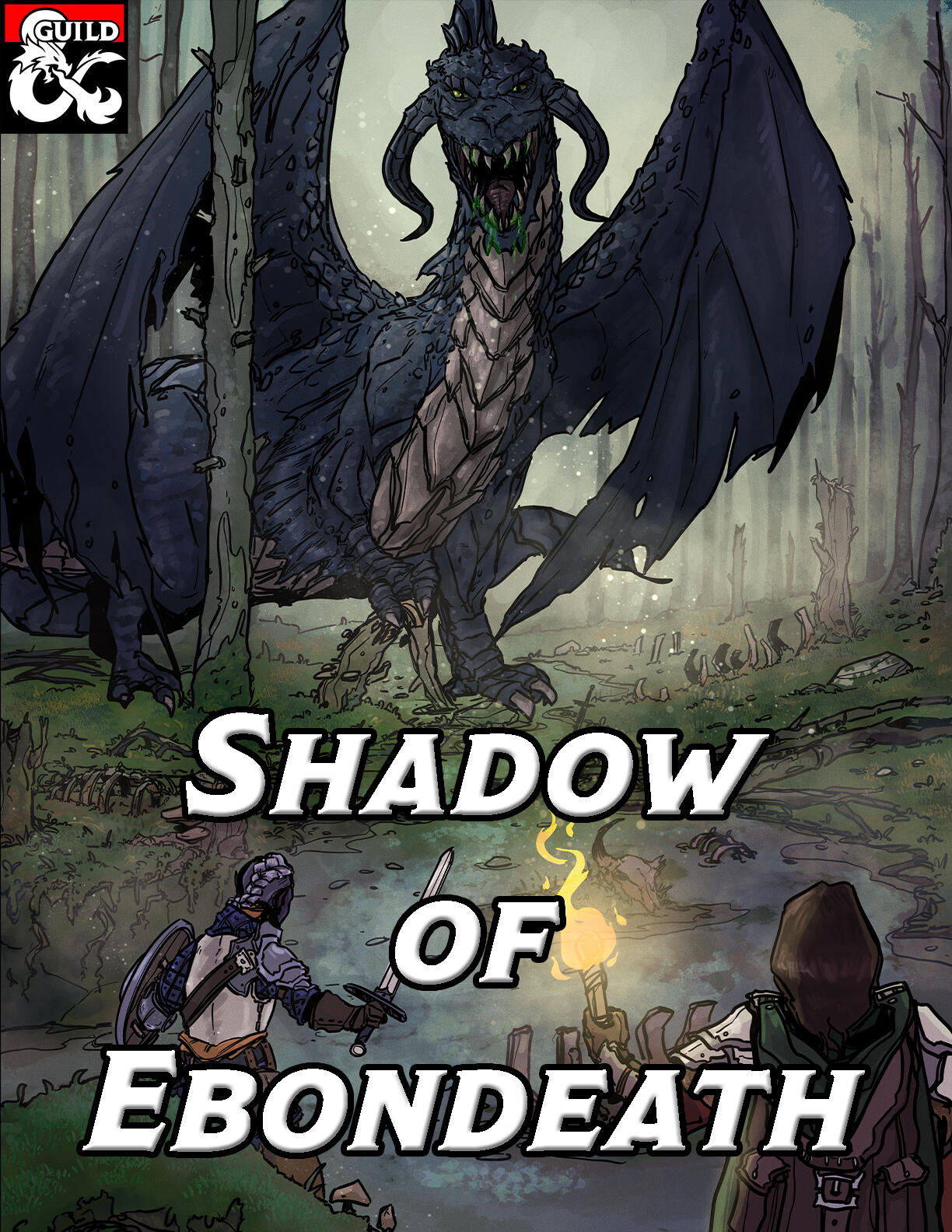A book cover for "Shadow of Ebondeath" features adventurers journeying through a swamp who have just come face to face with a black-scaled dragon. The dragon has horns that spiral downward, and its toothy maw drips with green acid.