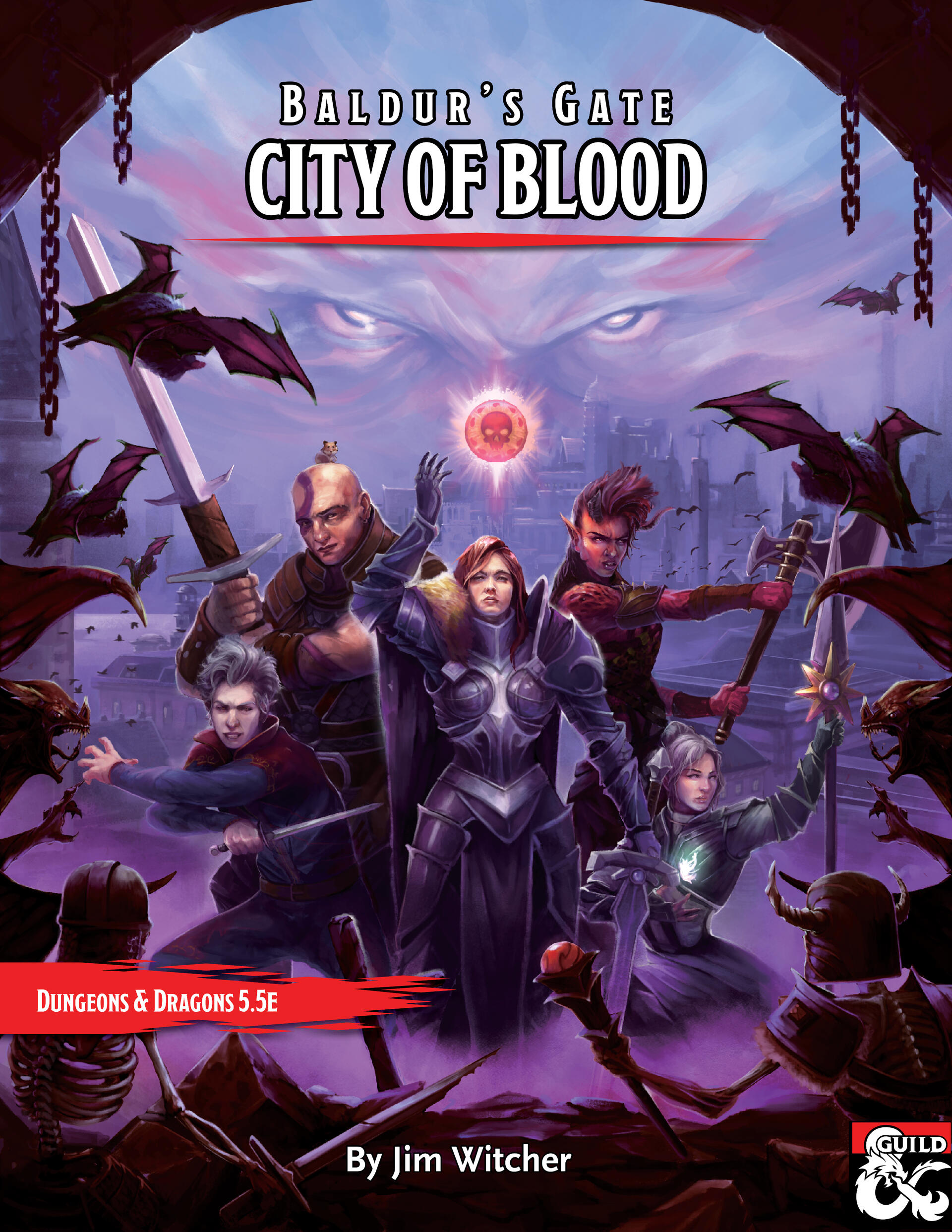 City of Blood Cover A book cover for Baldur's Gate: City of Blood. The art features five heroes fending off hordes of undead and bats. Four of the heroes are the famous Astarion, Karlach, Minsc, and Shadowheart.